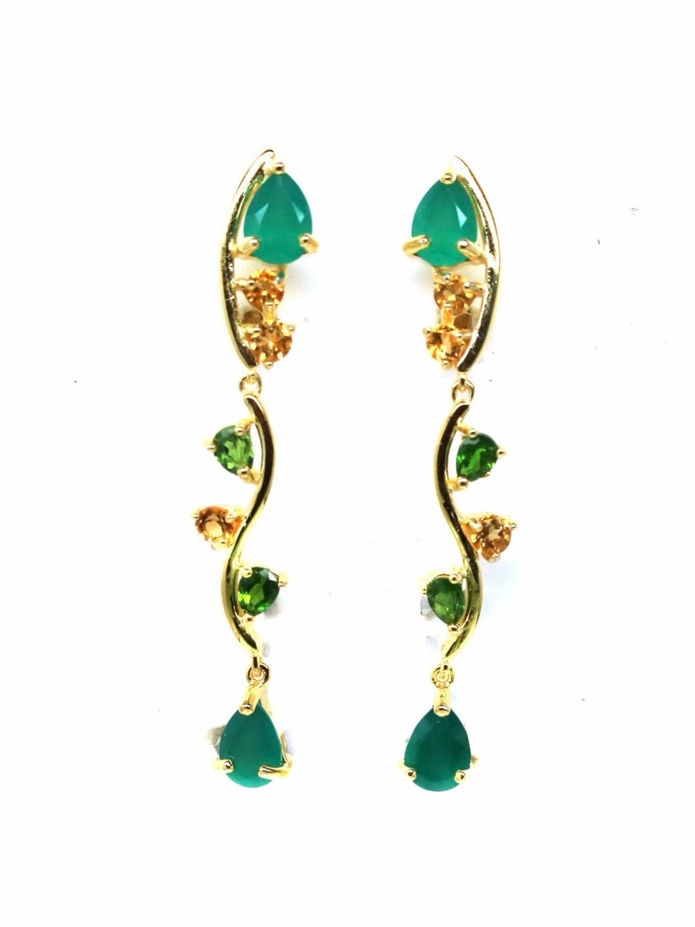 Natural Agate Chrome Diopside & Citrine Dangle earrings 925 Sterling Silver